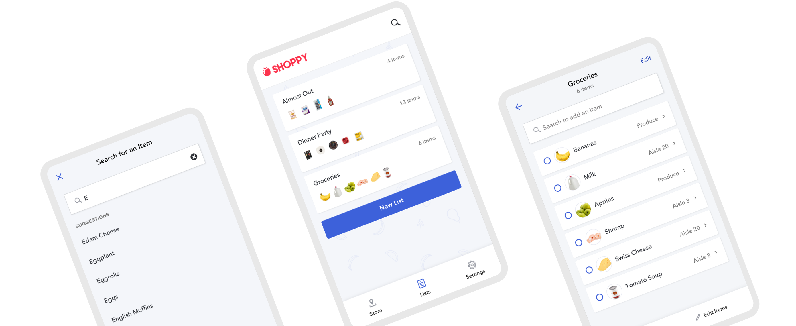 Shopping app mockup of home, list, and product search